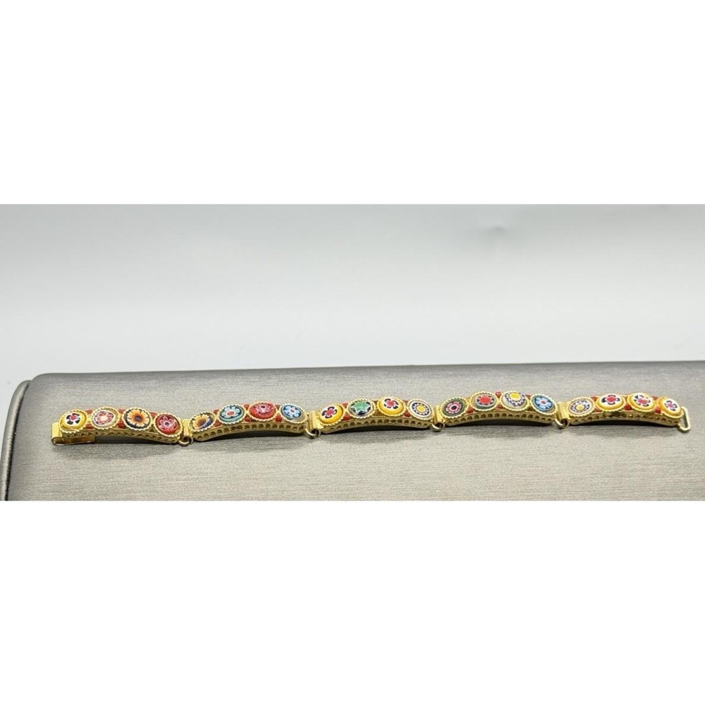 Vintage Micro Mosaic Millefiori Panel Gold Tone Bracelet Multi Color Sz 6 - Picture 8 of 13